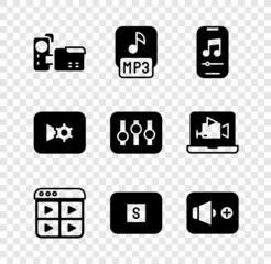 Set Cinema camera, MP3 file, Music player, playlist, Stop media button, Speaker volume, or video settings and Sound mixer controller icon. Vector