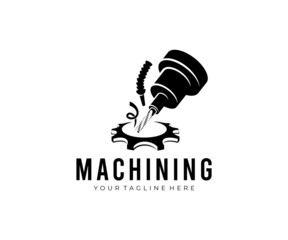 Machining, CNC milling machine makes a gear, logo design. Metalworking, coolant and lubrication in gear metalwork industry, vector design and illustration