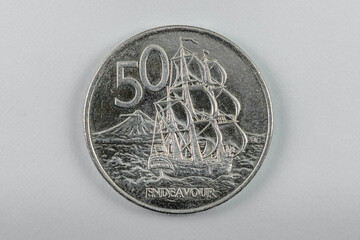 New Zealand 50 cent Ship Endeavourr coin isolated on white 
