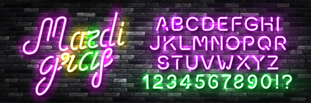 Vector realistic isolated neon sign of Mardi Gras with easy to change color alphabet font on the wall background.