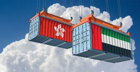Freight containers with United Arab Emirate and Hong Kong flags. 3D Rendering 