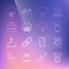 Set line Medal, Washer, Refrigerator, Cloud upload, Printer, Handbag, with snow rain and download icon. Vector