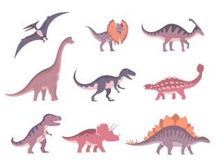 Set of ancient carnivorous and herbivorous dinosaurs. Pteranodon, tyrannosaurus, raptor, stegosaurus, triceratops. Extinct lizards of the Jurassic period. Vector isolated illustration