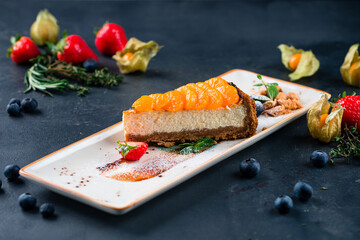 vegan healthy cheese cake dessert with tangerine