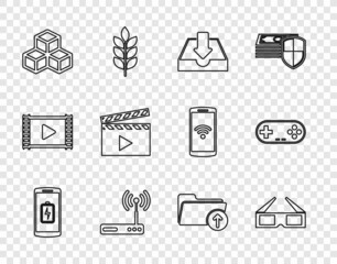 Set line Smartphone battery charge, 3D cinema glasses, Download inbox, Router and wi-fi, Isometric cube, Movie clapper, arrow with folder and Gamepad icon. Vector