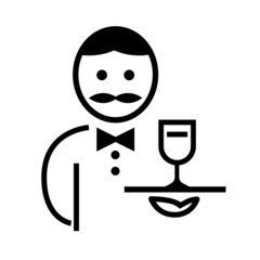 Icon with a male waiter. Glass of wine in hand. Logo and sign. Vector black and white outline illustration