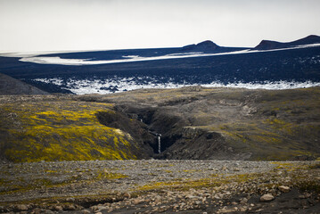 The bleak volcanic landscape on the slopes of Eyjafjallajökull volcano as seen on the hike from Skógafoss up to the Fimmvörðuháls hut and pass, south Iceland
