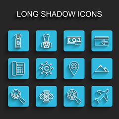 Set line Magnifying glass and analysis, Hourglass gear, Contactless payment, dollar, Plane, Copywriting network, Mountains and Location with star icon. Vector