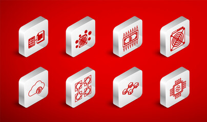 Set line Processor chip with dollar, ASIC Miner, Cryptocurrency bitcoin circuit, Blockchain technology, Smart contract, and cloud mining icon. Vector