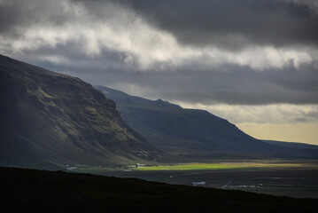 Looking east from the Skaftafellsheidi plateau towards the mountains and coastal plain around Skaftafell, Vatnajökull National Park, South Iceland