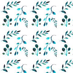 Fototapeta na wymiar Watercolor seamless floral botanical pattern with blue leaves. Spring ornament, wallpaper