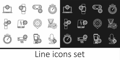 Set line Microphone setting, Hourglass, Gamepad, Power bank, Wrist watch, Laptop, Setting and Smartwatch icon. Vector
