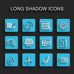 Set line Water energy, Wind turbine, Solar panel and light bulb, Signature, battery, Electric car charging station and Certificate template icon. Vector
