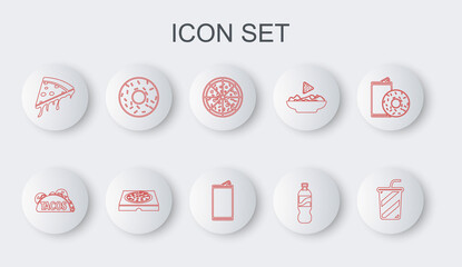 Set line Glass with water, Taco tortilla, Pizza, Bottle of, Slice pizza, Donut, in cardboard box and Aluminum can icon. Vector