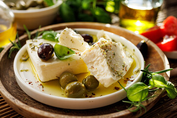 Feta cheese with olive oil and olives, seasoned with herbs on a ceramic plate, close-up view