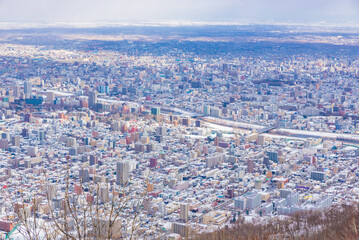 【北海道】札幌のパノラマ風景　冬景色　雪景色　藻岩山山頂より