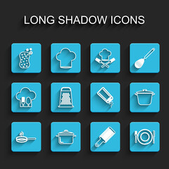 Set line Frying pan, Cooking pot, Sponge with bubbles, Grater, Plate, fork and knife, and Salt pepper icon. Vector