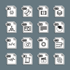 Set line AVI file document, M3U, PPT, MP4, BMP, OBJ, JS and TXT icon. Vector