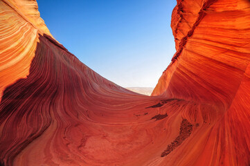 Sunrise on the swirling sandstone shapes of The Wave, Coyote Buttes North, Vermilion Cliffs National Monument, Arizona, USA