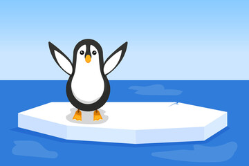 Vector illustration for World Penguin Day. A lone little penguin, standing on a broken ice floe, waves its flippers, calling for help. For the design of banners, posters