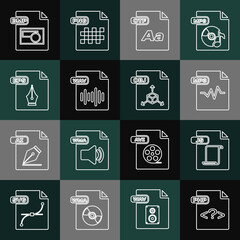 Set line PHP file document, JS, MP3, OTF, WAV, EPS, BMP and OBJ icon. Vector