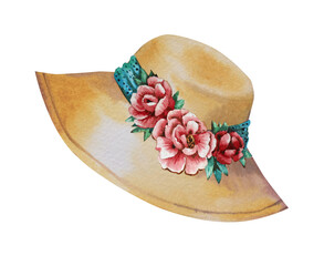 Summer women's hat with flowers and bows. Watercolor drawing.
