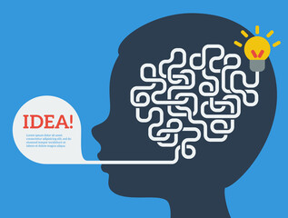 Creative concept of the human brain. Vector illustration. Flat style. Education and science poster or banner. Man head with abstract brain inside.