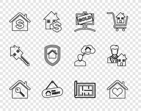 Set line House with key, heart shape, Hanging sign Sold, For Rent, dollar, under protection, plan and Realtor icon. Vector