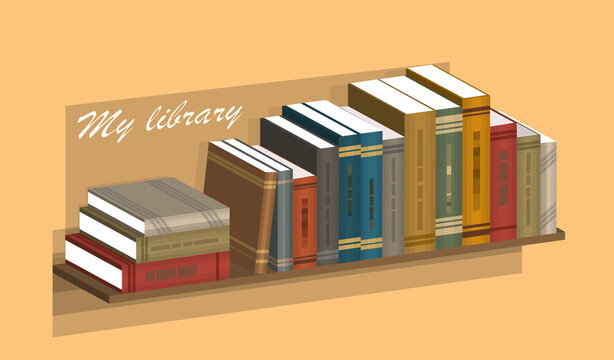 Shelf with books. In the background, the inscription - My library. Isometric picture. Vector illustration