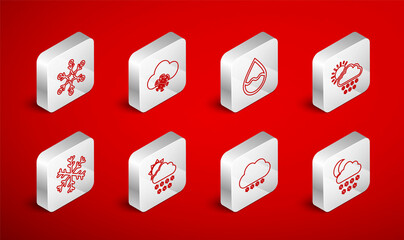 Set line Cloud with snow and moon, Water drop, sun, Snowflake, and icon. Vector