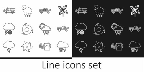 Set line Cloud with snow and lightning, Wind rain, Tornado, snow, sun and moon icon. Vector