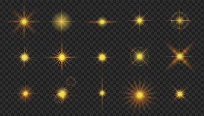 Flash camera light effect. Realistic twinkle stars. Vector glow shine element set