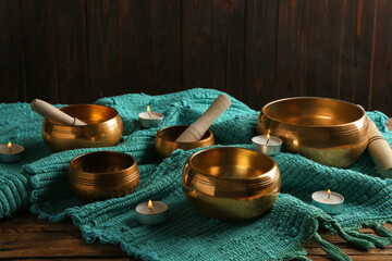 Tibetan singing bowls with mallets, burning candles and turquoise fabric on wooden table