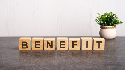 word benefit made with wood building blocks