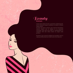 Vintage Fashion Woman with Long Hair. Vector Illustration. Stylish Design for Beauty Salon Flyer or Banner. Girl Silhouette. Cosmetics. Beauty. Health and spa. Fashion themes.
