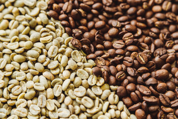 Raw green and roasted coffee beans texture background