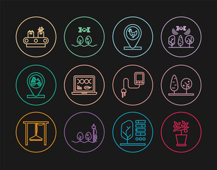 Set line Plant in pot, Trees, Chicken farm and location, Genetic engineering modification, Tractor, Conveyor belt with box, Sensor and Smart drone icon. Vector