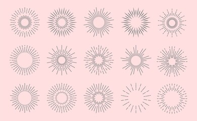 Sunburst beams logo. Sun burst doodle beam. Radial sunrise vector icon set