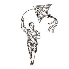 Boy running with kite. Sketch. Engraving style. Vector illustration.