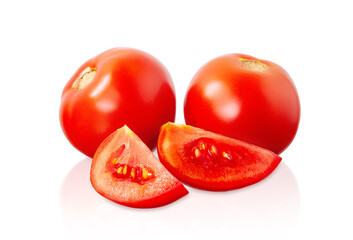 red fresh ripe tomatoes with slices isolated on white background