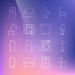 Set line Toilet bowl, Floor lamp, Office chair, Armchair, Window with curtains, Water tap, Closed door and Flower pot icon. Vector