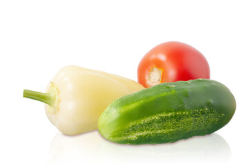 yellow sweet pepper, tomato and cucumber isolated on white background
