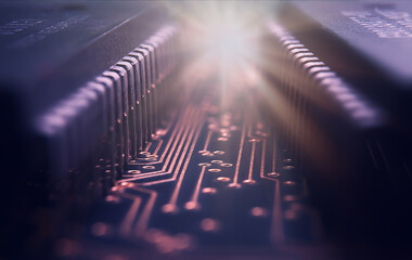 Macrophotograhy  of integraded circuits on Printed Circuit Board with golden pads and wires