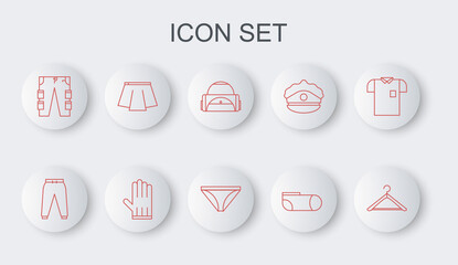 Set line Hanger wardrobe, Sport pants, bag, socks, Cargo, Skirt, Leather glove and Men underpants icon. Vector