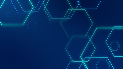 Abstract hexagon geometric blue neon lights technology dark background.