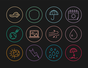 Set line Sun protective umbrella for beach, Water drop, Umbrella, Weather forecast, Comet falling down fast, Cone meteorology windsock wind vane, Wind and Moon icon. Vector