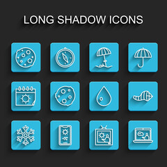 Set line Snowflake, Weather forecast, Moon, Cone meteorology windsock wind vane and Water drop icon. Vector