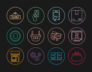 Set line Wallet, Shopping cart on computer, Certificate template, basket, Coin money, Hanging sign with Closed, Stacks paper cash and Hand holding icon. Vector
