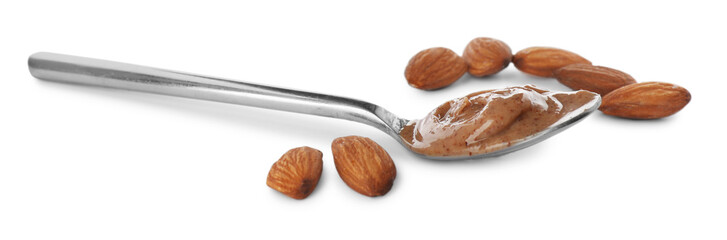 Spoon with tasty almond butter isolated on white