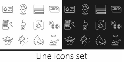 Set line Glass bong for smoking cannabis, Cannabis molecule, Rolling paper, Marijuana olive oil, Medical bottle with marijuana, Calendar and leaf, Shopping box of and Location icon. Vector